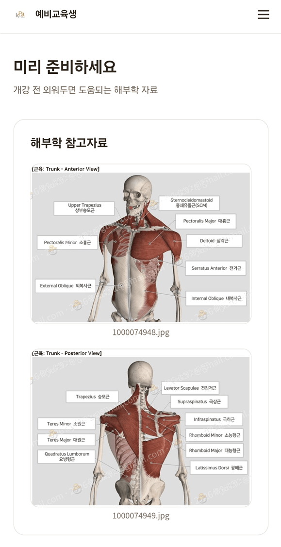 KPA 교육어플 사전 교육자료(해부학) 화면